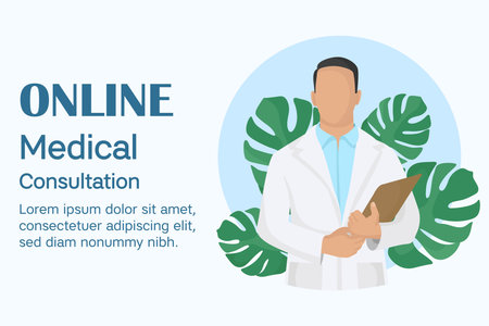 Online medical consulting concept with doctor portrait in white coat for healthcare and digital treatment illustrationのイラスト素材