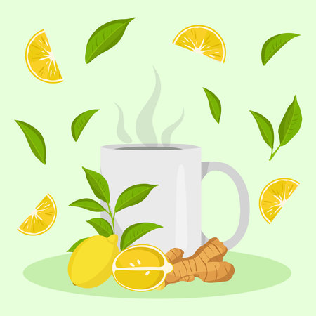 Green tea with lemon and ginger on bright background symbolizing health, freshness, and natural wellnessのイラスト素材