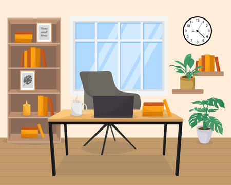 Cozy home office with armchair, desk, laptop, bookcase, room plant, and window showing modern interior design styleのイラスト素材