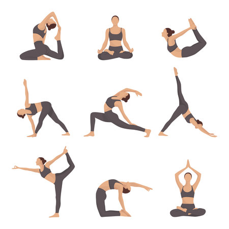 Girl in grey sport suit practicing yoga and meditation in different positions flat illustration showing balance and calmnessのイラスト素材