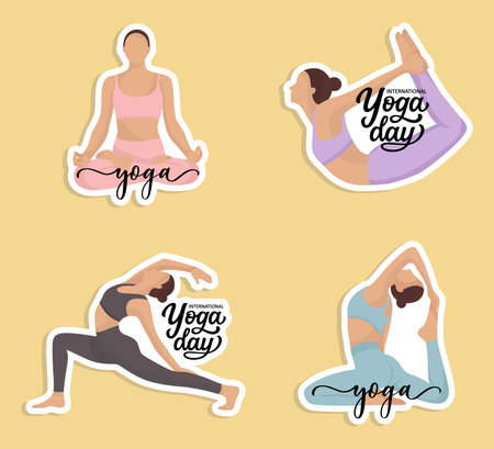International yoga day stickers showing girl in slim sport suit practicing yoga in different poses flat illustration designのイラスト素材
