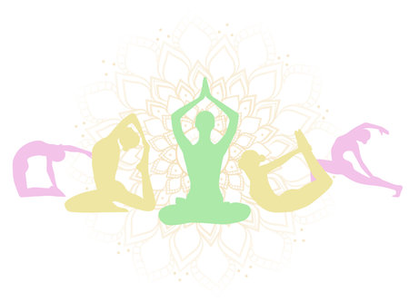 Girl silhouette practicing yoga and meditation symbolizing peace and balance for International Yoga Day flat illustration designのイラスト素材