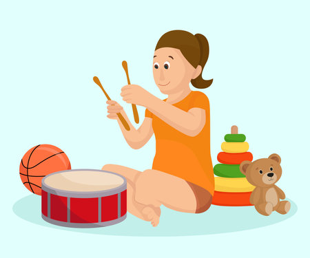 Little girl playing musical instruments. Vector illustration in flat cartoon style.のイラスト素材