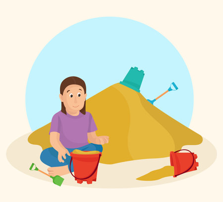 Boy playing with sand and bucket. Vector illustration in cartoon style.のイラスト素材