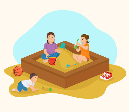 Children playing with sand in the sandbox. Flat design vector illustration.のイラスト素材