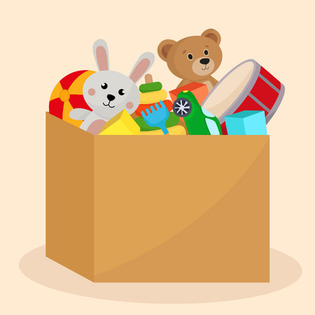 Box with toys. Vector illustration in flat style. Isolated on white background.のイラスト素材