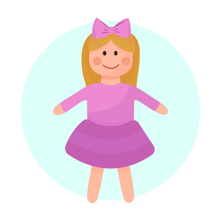 Cute doll toy for kids with yellow hair and purple dress adorable flat illustrationのイラスト素材