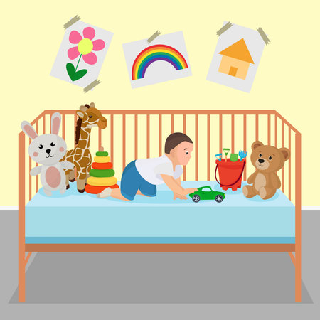 Cute little boy playing with toys on the bed. Vector illustrationのイラスト素材