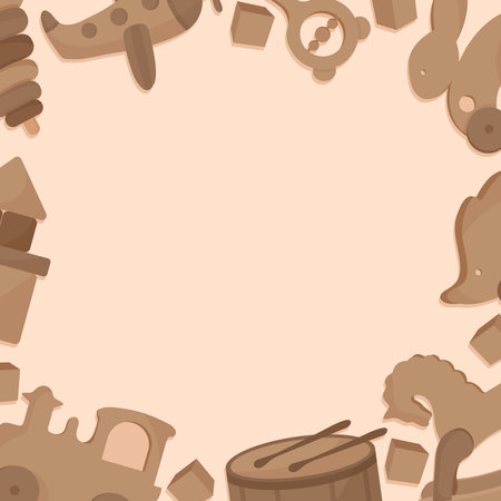 Vintage wooden crafted toys frame with eco elements like rocking horse, plane, pyramid, builder blocks and animal figures, perfect for warm decorative designsのイラスト素材