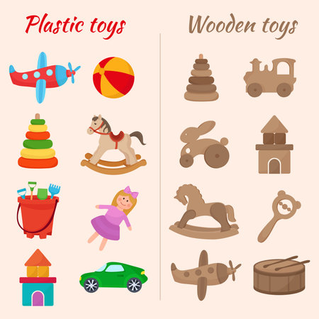 Colorful plastic toys contrasted with wooden vintage eco toys for kids playful comparison illustration ideal for educational and creative designsのイラスト素材