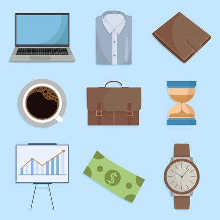 Collection of business office worker elements including hand clock laptop charts coffee money wallet and hourglass in flat styleのイラスト素材