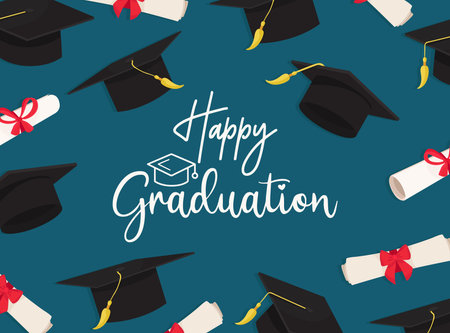 Graduation background with hat and diploma. Vector illustration in flat style.のイラスト素材