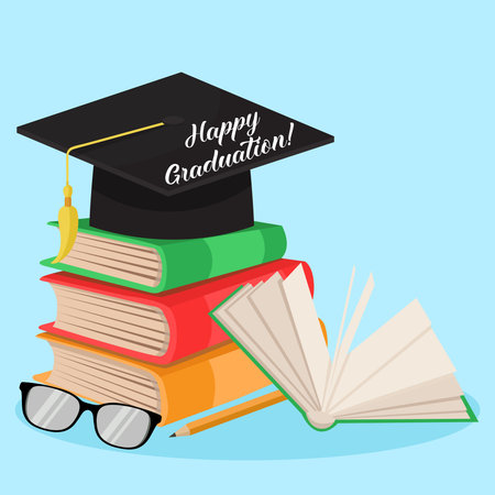 Graduation cap, books and glasses on blue background. Vector illustration.のイラスト素材