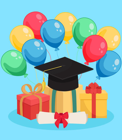 Graduation cap, diploma, gift boxes and balloons. Vector illustration.のイラスト素材