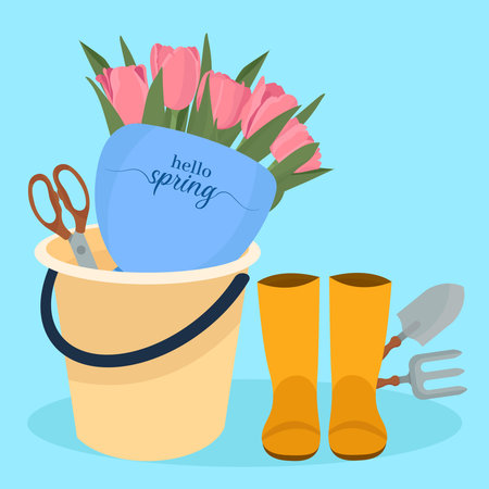 Flowers in bucket, gardening tools and boots. Vector illustration.のイラスト素材