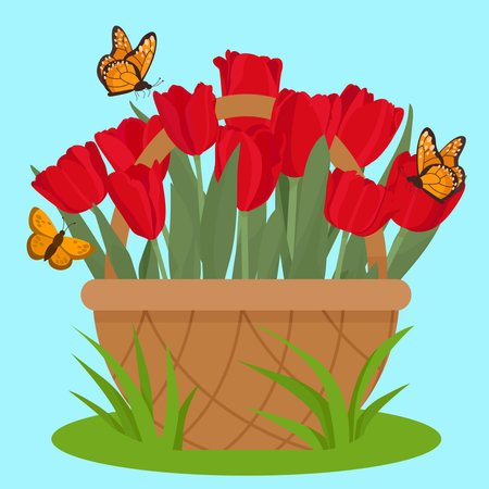 Basket with tulips and butterflies. Vector illustration in flat style.のイラスト素材
