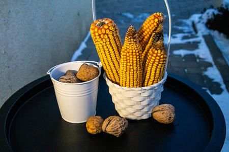 Basket with corn cobs and walnuts on a black background