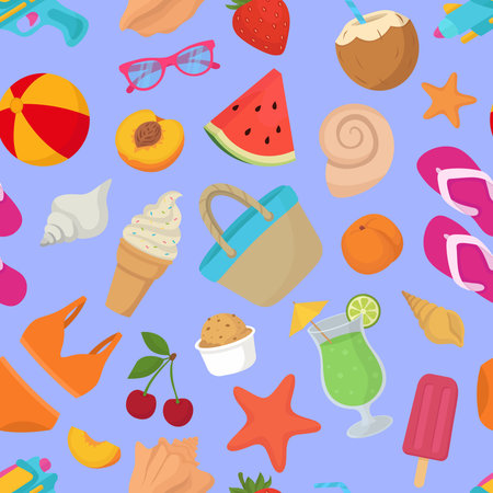 Seamless pattern with summer beach objects. Vector illustration in flat style.