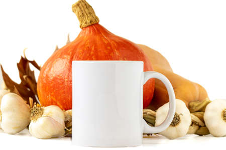 A closeup shot of a white mug, pumpkins and garlic on white background. Mockup scene.の写真素材