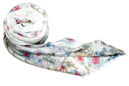 A White Scarf With Flowers Pattern Isolated on White Backgroundの写真素材