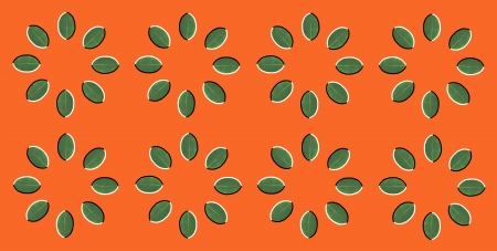 Optical illusion  rotation of circles made from green leaves isolated on orange background