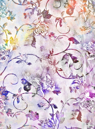 Abstract textured background: blue, yellow, and red flower-like patterns on violet backdrop. For art texture, grunge design, and vintage paper / border frameの写真素材