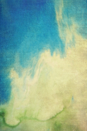 Old canvas: Abstract textured background with green, yellow, and brown patterns on blue backdrop. For art texture, grunge design, and vintage paper / border frameの写真素材