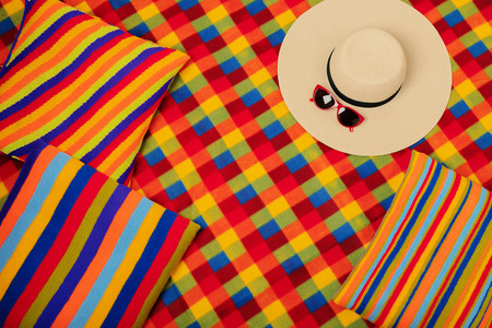 Colorful rug and pillows for a summer picnic. Selective focus.の写真素材