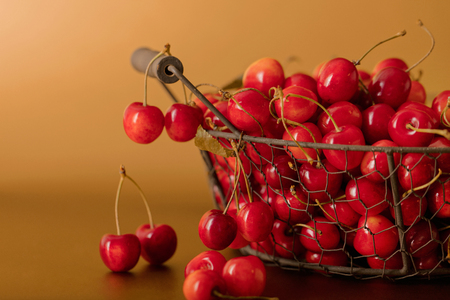 Cherries in a basket on a gold background. Selective focus.の写真素材