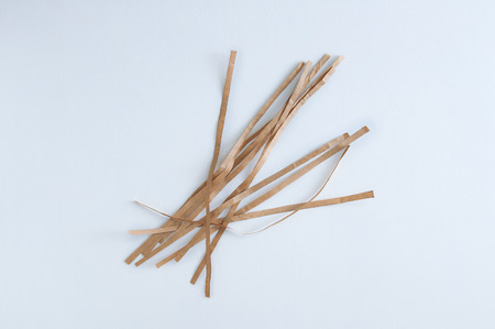 Brown paper cut into strips. View from above. White background.の写真素材