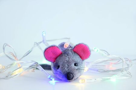Gray soft toy mouse with Christmas garland on a white background close-up.の写真素材