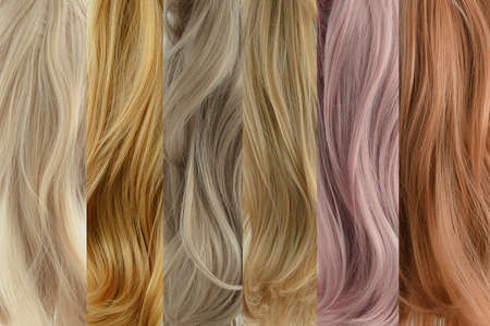 Six samples of blonde hair strands in different shades. hair coloring.の写真素材