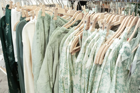 White green clothes on rail in store.の写真素材