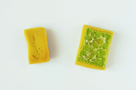 Two used dirty old sponges for washing. White background.