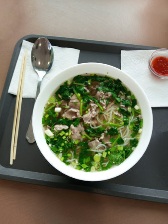 Soup with meat and herbs on a tray.