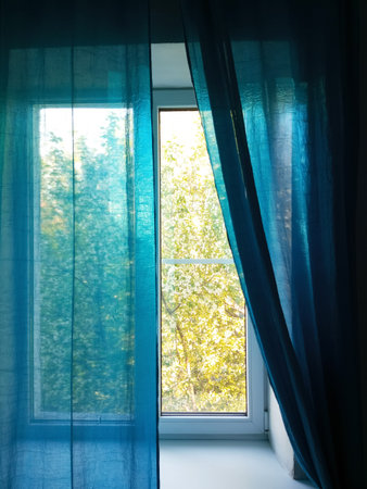 Blue translucent curtains on the window in the room in summer daylight from the window.の写真素材