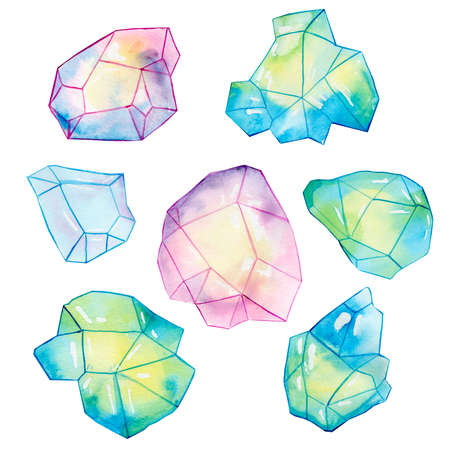 colorful crystals. watercolor illustration. Colored ice. Bright crystal illustration for design.の写真素材