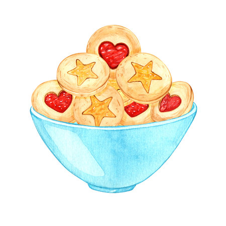 Delicious cookies with jam in a bowl. Watercolor composition on a white background. Hand drawn watercolor for designの写真素材
