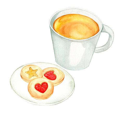 Ceramic mug with aromatic tea and cookies with jam. Watercolor composition is suitable for decorating shops, cafes, packaging, cardsの写真素材