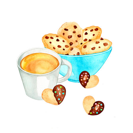 Ceramic mug with tea and delicious chocolate cookies in a bowl. Watercolor composition on a white background. Hand drawn watercolor for designの写真素材
