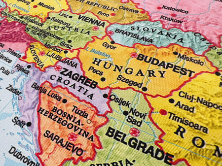 Hungary, Croatia, Bosnia Herzegovina, Slovakia, Austria, Slovenia on the map.の写真素材
