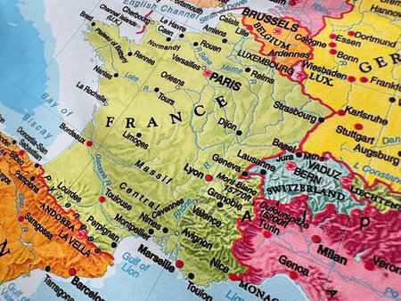 France, Paris, Switzerland, Belgium on the map of Europe.の写真素材