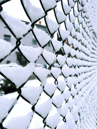 First snowy day. Snowy fenceの写真素材