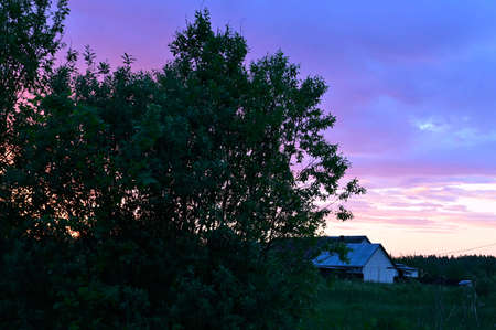 Beautiful pink purple sky over the roofs of houses in the village. Summer sunsetの写真素材