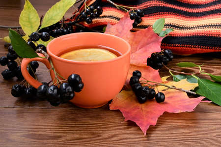 Autumn still life. An orange cup with tea and lemon on a wooden table. Chokeberry and multicolored maple leavesの写真素材