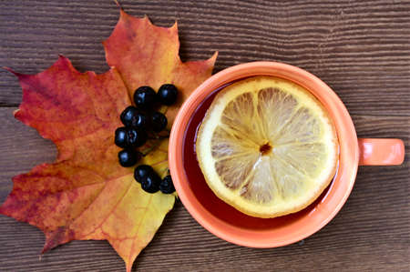 cup of tea with lemon, chokeberry and orange maple leaf on wooden table. Flat lay with top view, Hello, September, October, November, seasonal conceptの写真素材