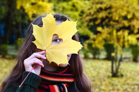 pretty girl in knitted warm sweater presses yellow autumn maple leaf to her face and looks through heart carved in it. Bright autumnの写真素材