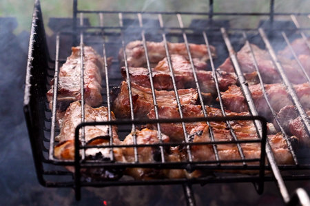 Delicious crispy meat barbecue on metal grill in open air. Cooking meat on grill in nature in summer on picnic. Grilled pork, close-upの写真素材