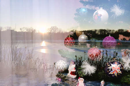 Winter landscape in rays of setting sun through  decorated Christmas tree. Photo was taken in multi-exposure modeの写真素材