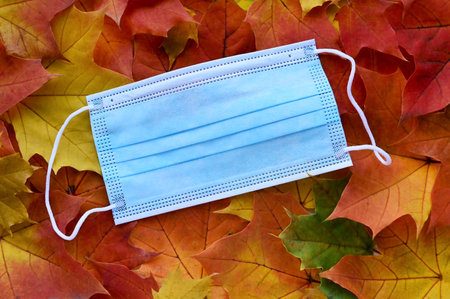 Medical disposable mask on maple leaves. Ð¡oncept of protection against colds in cold season. Autumn exacerbation of viruses. Flat layout with top viewの写真素材